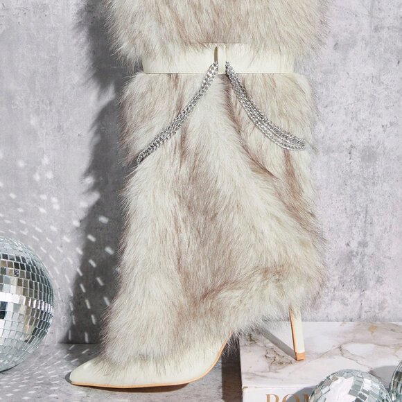 Beige Cute Women's chain Decor faux fur Pointy Heeled Knee-High Boots - Picture 4 of 6
